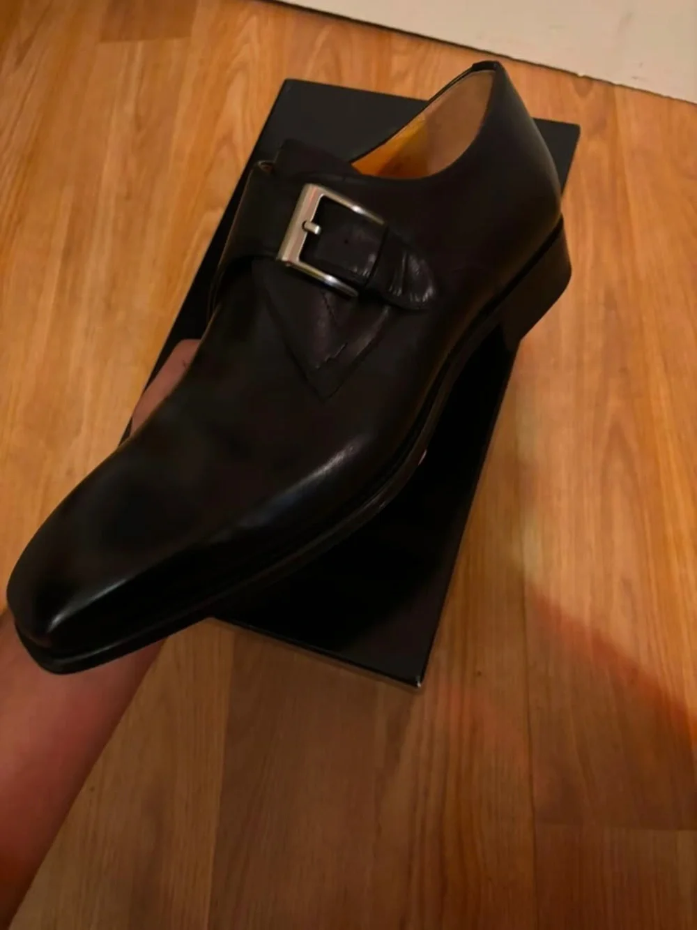 Nordstrom Magnanni Black Leather Single Monk Strap Shoe with Silver Buckle